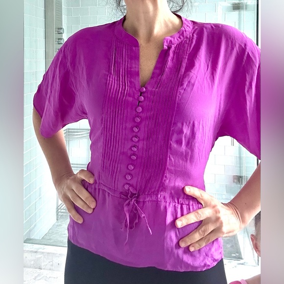 Silk Dolman Sleeve Purple Waist Tie Top - Picture 6 of 8